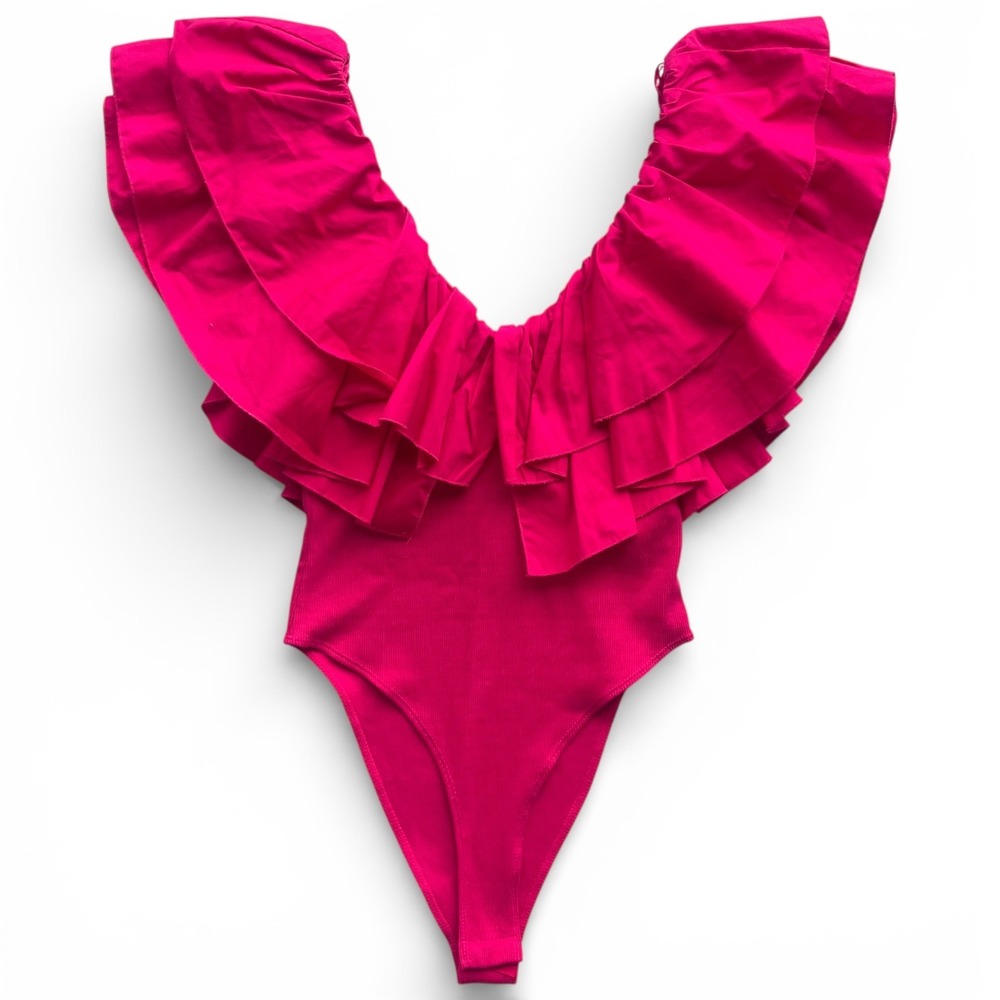 Zara Womens M Fuchsia Pink Dramatic Tiered Ruffle Ribbed Stretch Bodysuit Barbie